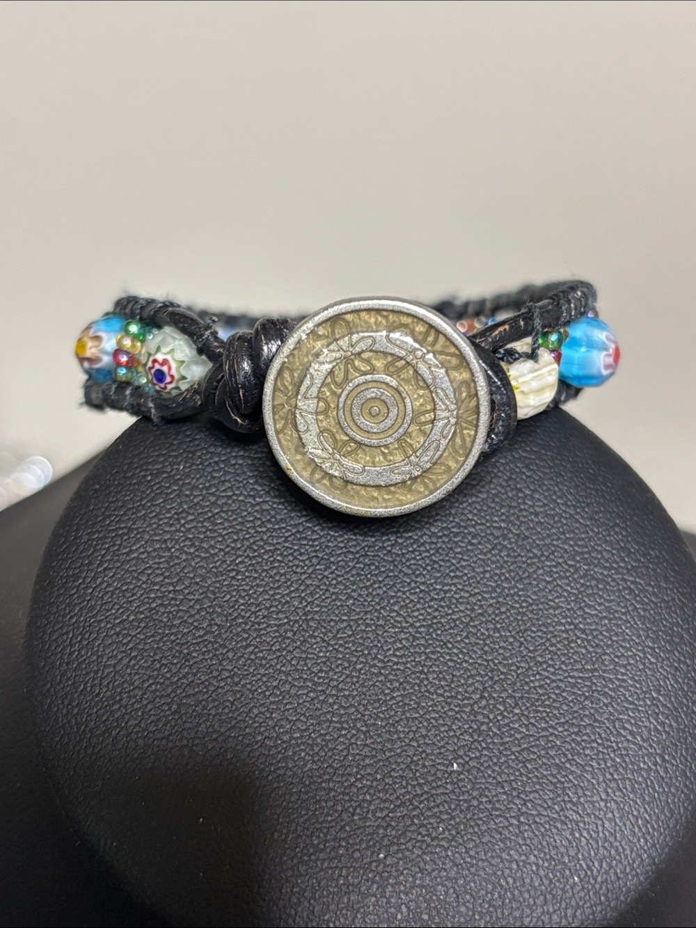 Vintage Boho Black Leather Glass Millefiori Bracelet Decorative Coin Accent